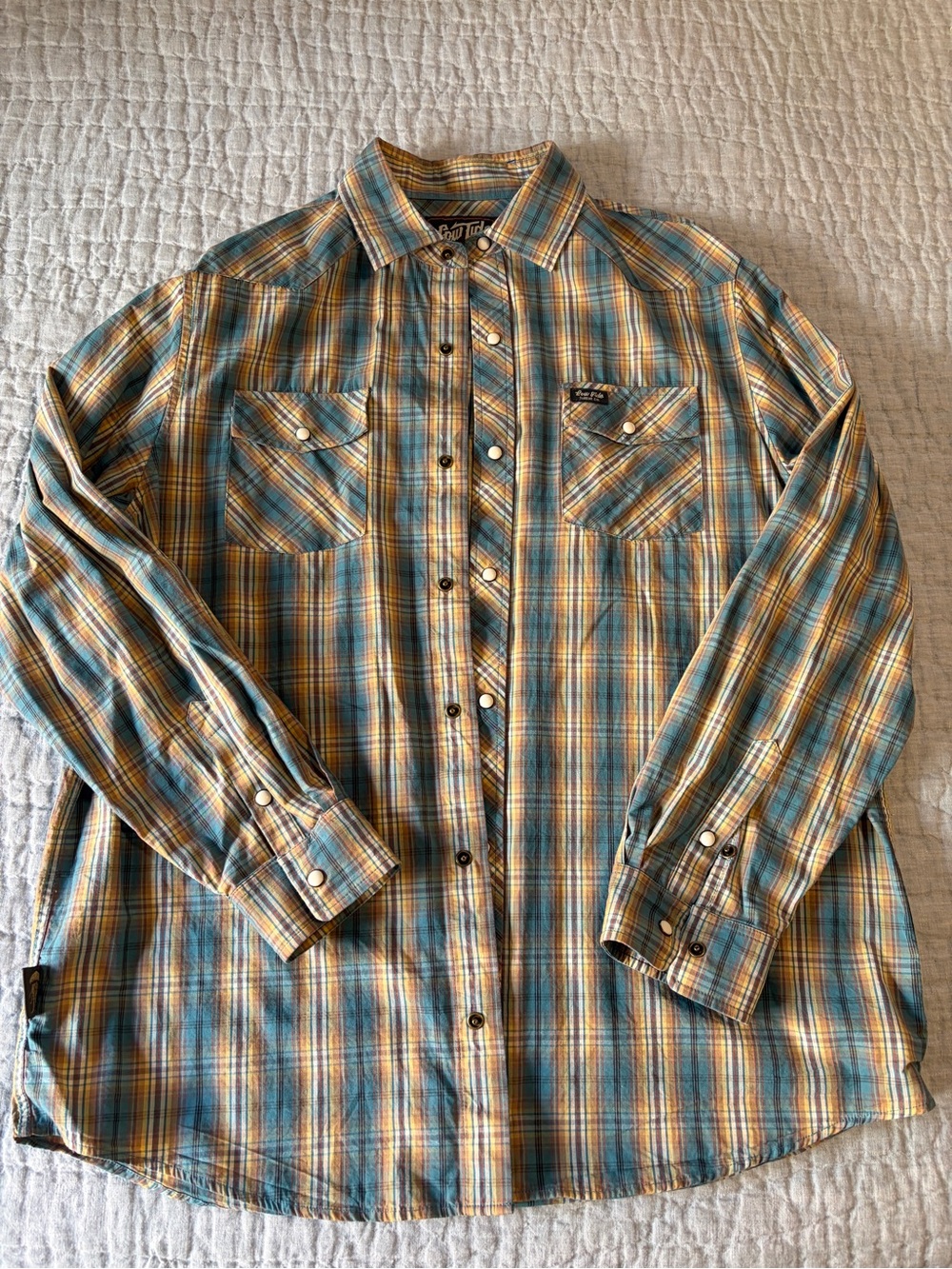 Men's Plaid Button-Down Shirt in Teal and Mustard
